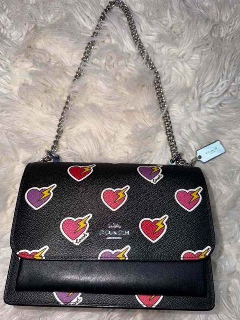 Coach Black Leather Shoulder Bag with Pink & Purple Heart Lightning Motif